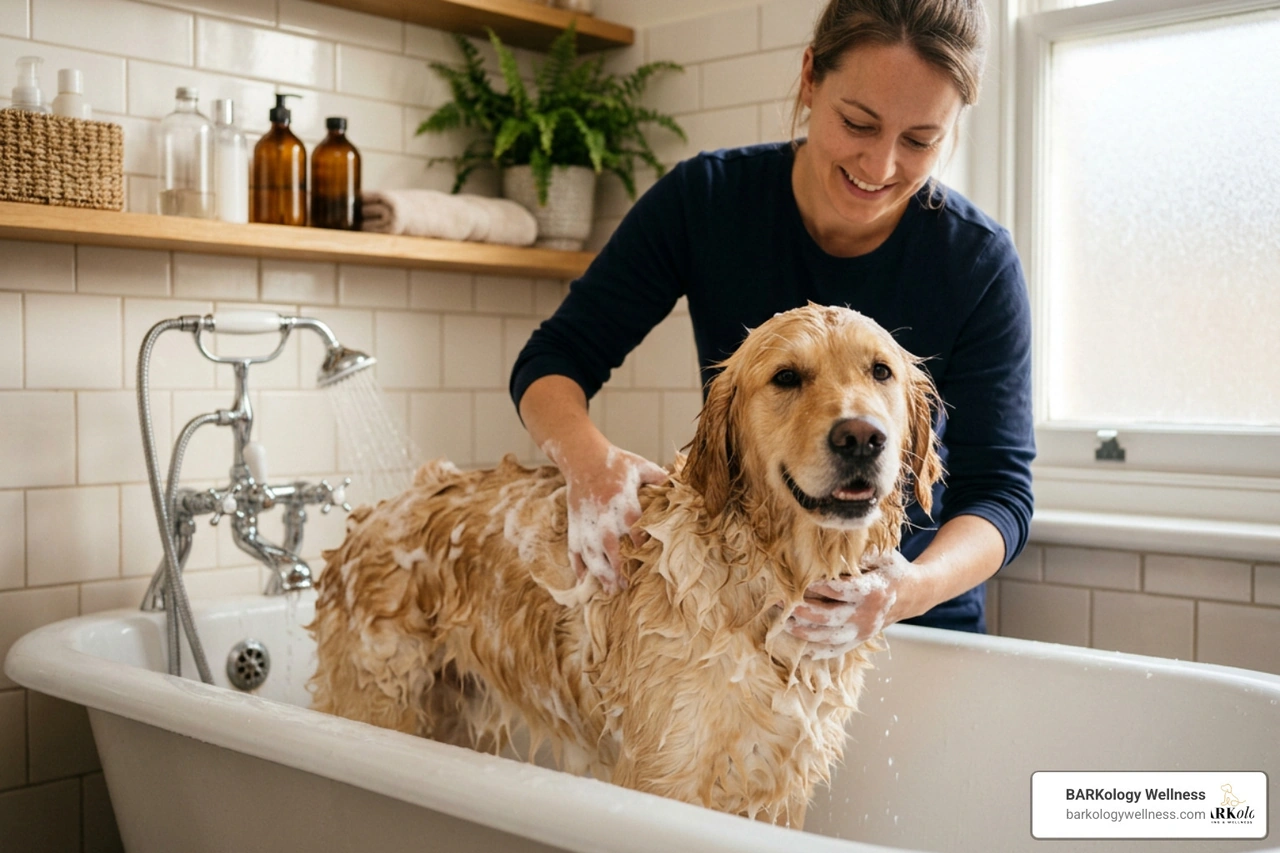 Dog getting a soothing warm water bath with rich lather Dog getting a soothing warm water bath with rich lather