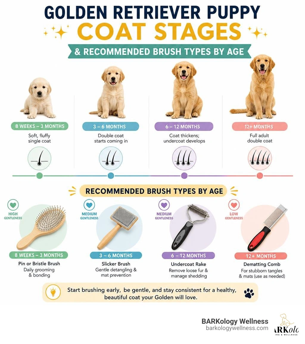 Golden Retriever puppy coat stages and recommended brush types by age infographic infographic Golden Retriever puppy coat stages and recommended brush types by age infographic infographic