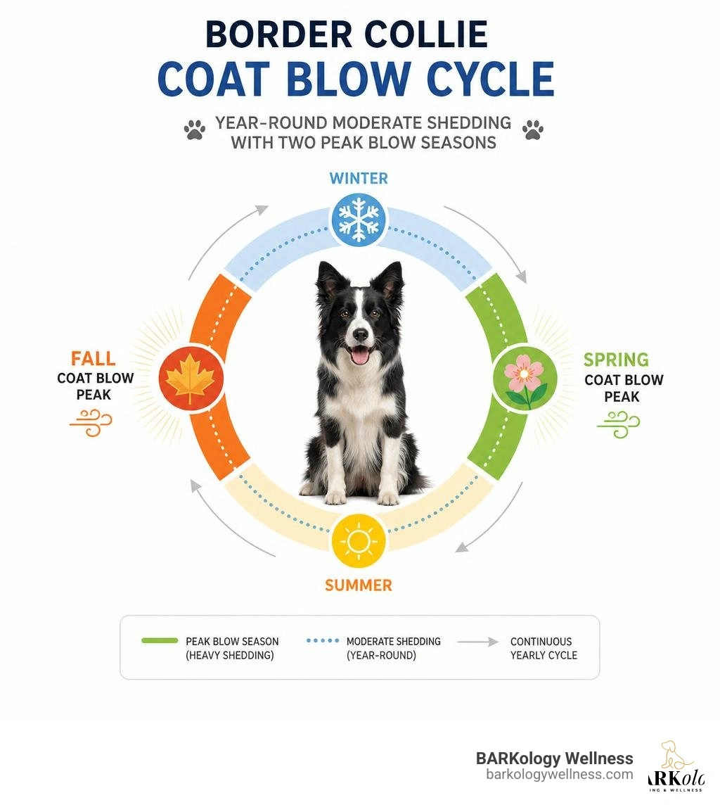 Infographic showing Border Collie seasonal coat blow cycle: year-round moderate shedding with two peak blow seasons Infographic showing Border Collie seasonal coat blow cycle: year-round moderate shedding with two peak blow seasons