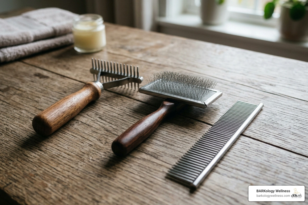 essential grooming tools for double-coated dogs including an undercoat rake, slicker brush, and metal comb essential grooming tools for double-coated dogs including an undercoat rake, slicker brush, and metal comb