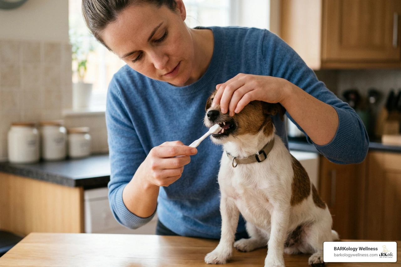 person gently lifting a small dog's lip to prepare for teeth brushing person gently lifting a small dog's lip to prepare for teeth brushing