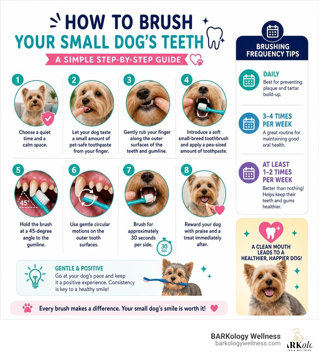 Infographic showing step-by-step how to brush a small dog's teeth with brushing frequency tips infographic Infographic showing step-by-step how to brush a small dog's teeth with brushing frequency tips infographic