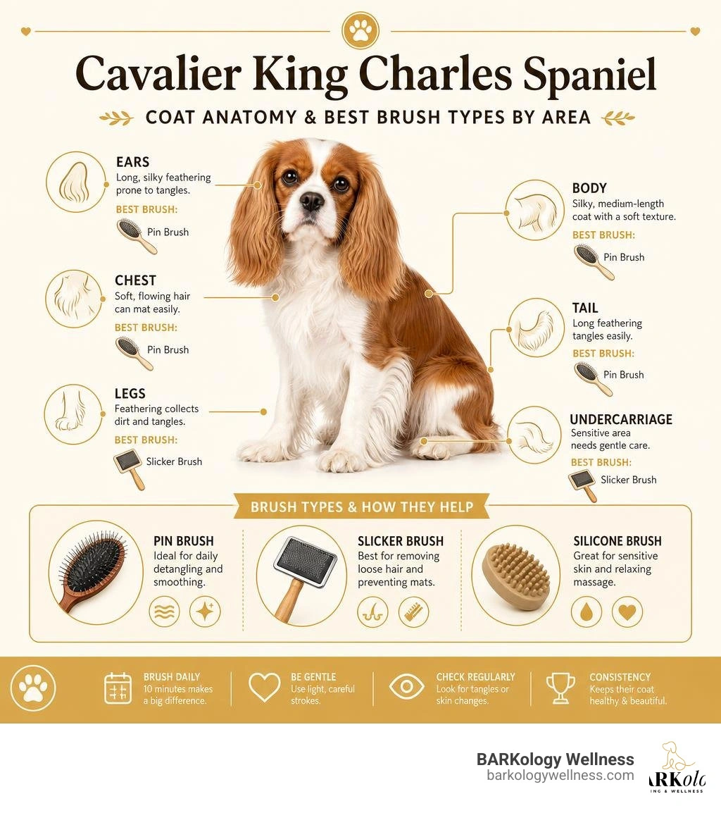 Infographic showing Cavalier King Charles Spaniel coat anatomy and best brush types by area infographic Infographic showing Cavalier King Charles Spaniel coat anatomy and best brush types by area infographic