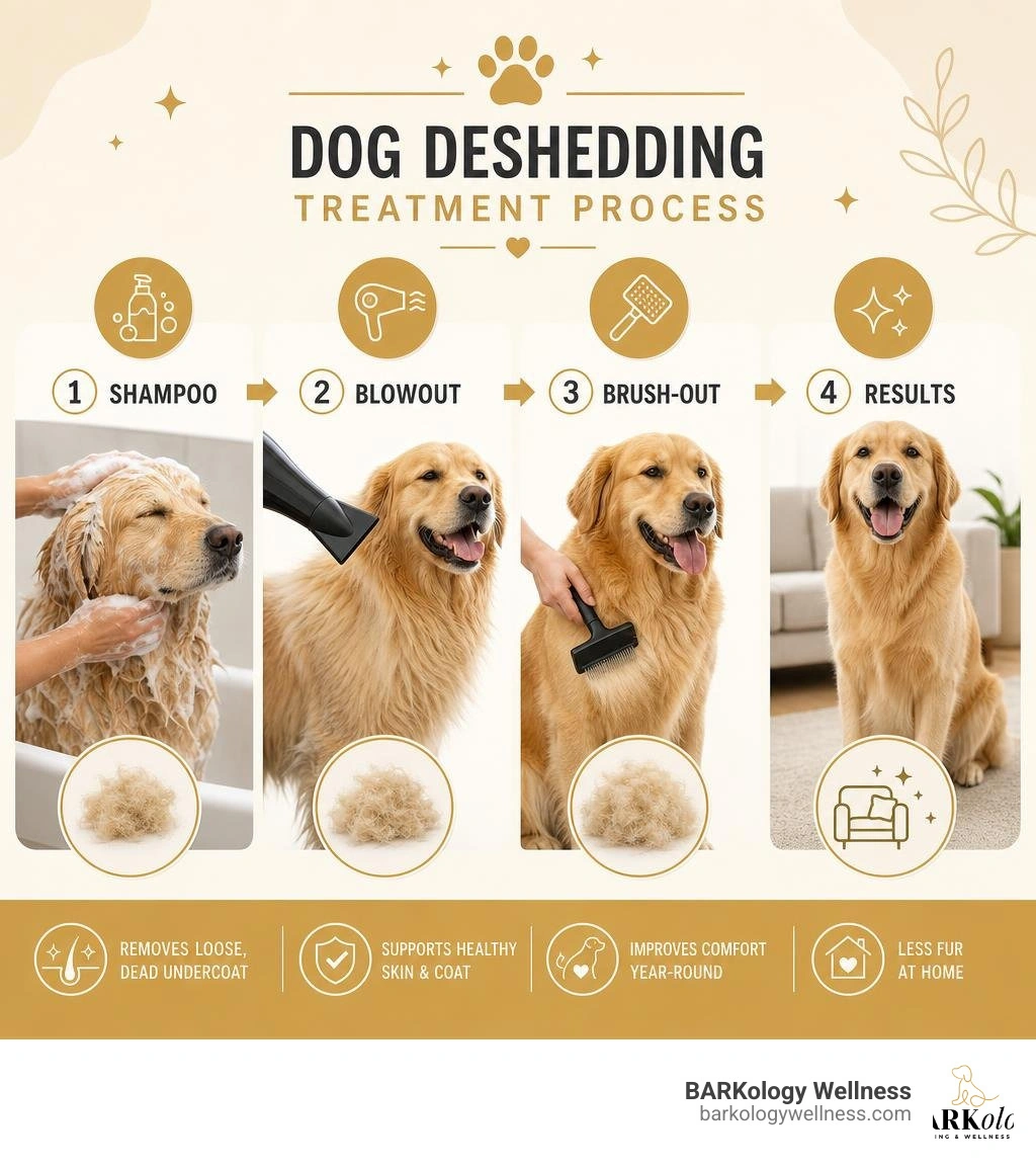 Infographic showing the dog deshedding treatment process: shampoo, blowout, brush-out, and results infographic Infographic showing the dog deshedding treatment process: shampoo, blowout, brush-out, and results infographic