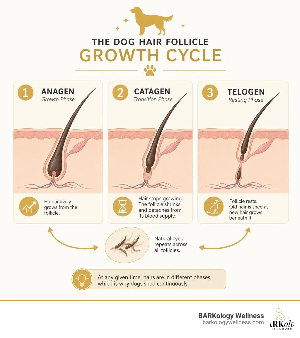 Diagram of the dog hair follicle growth cycle showing anagen, catagen, and telogen phases infographic Diagram of the dog hair follicle growth cycle showing anagen, catagen, and telogen phases infographic