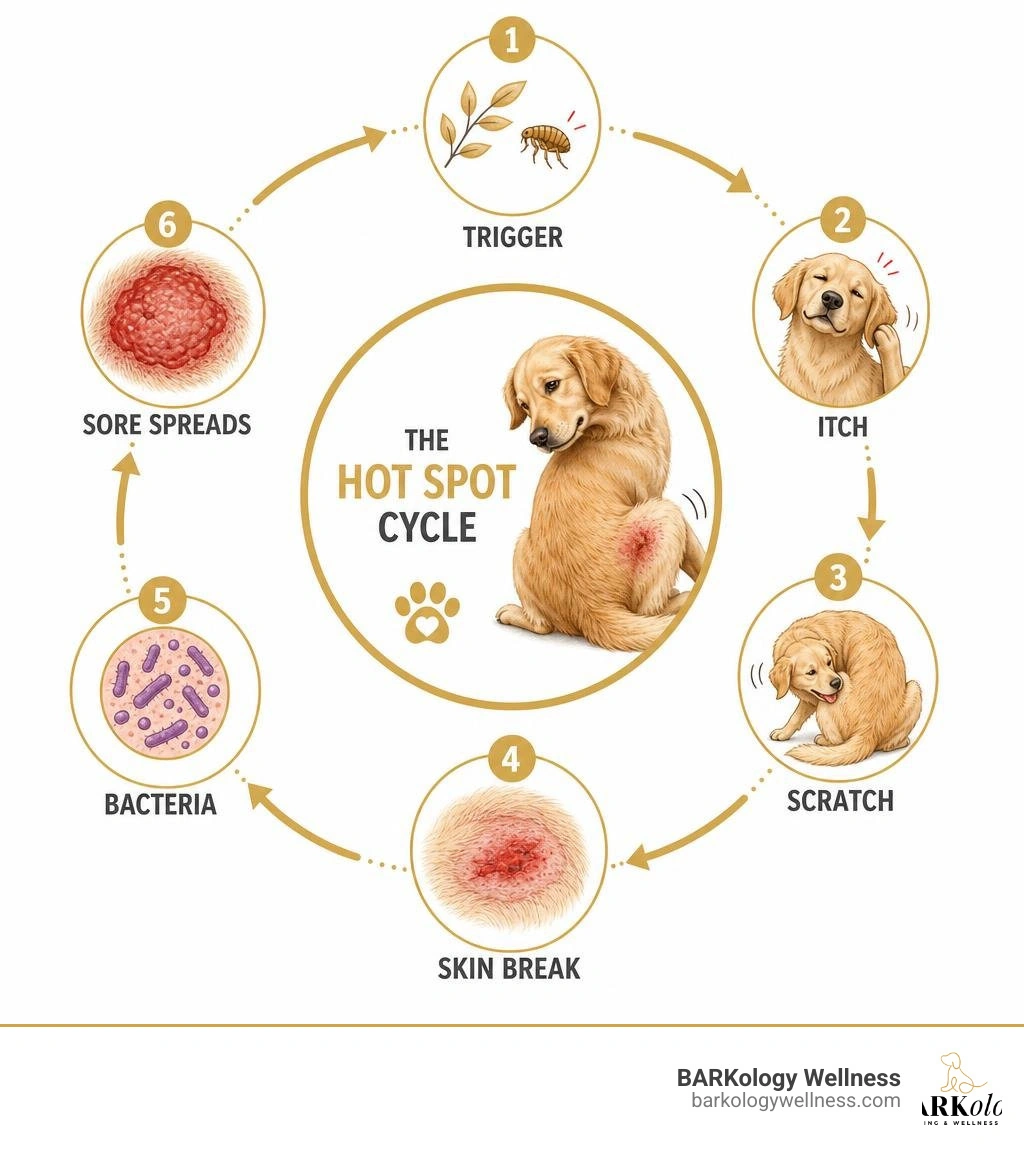 Infographic showing the canine hot spot cycle: trigger, itch, scratch, skin break, bacteria, sore spreads infographic