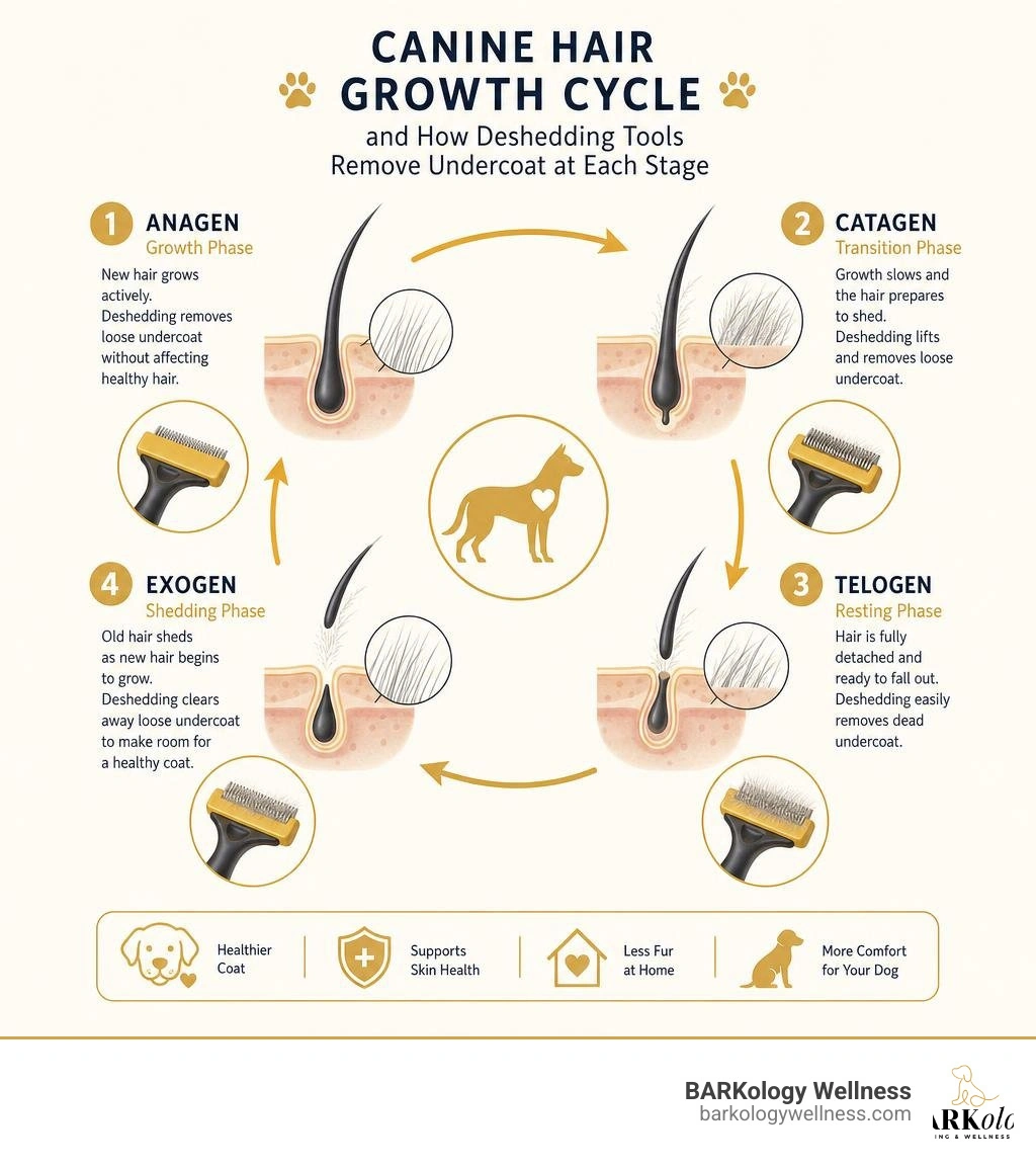 Canine hair growth cycle and how deshedding tools remove undercoat at each stage infographic