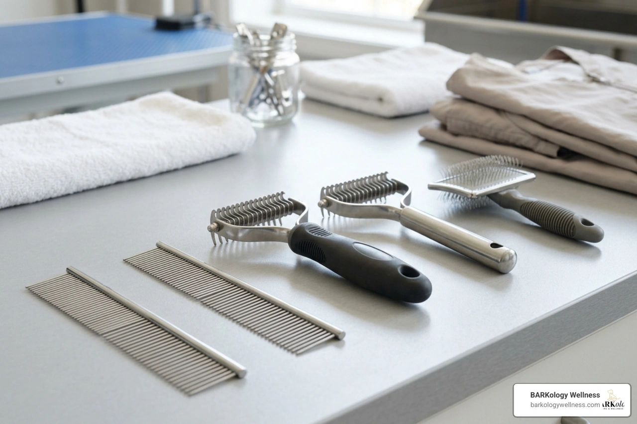 High-quality dog grooming tools including stainless steel combs and undercoat rakes