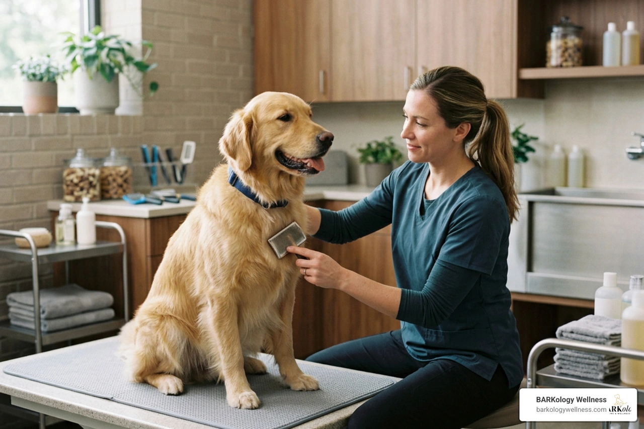 Professional dog groomer gently brushing a golden retriever in a calm spa environment