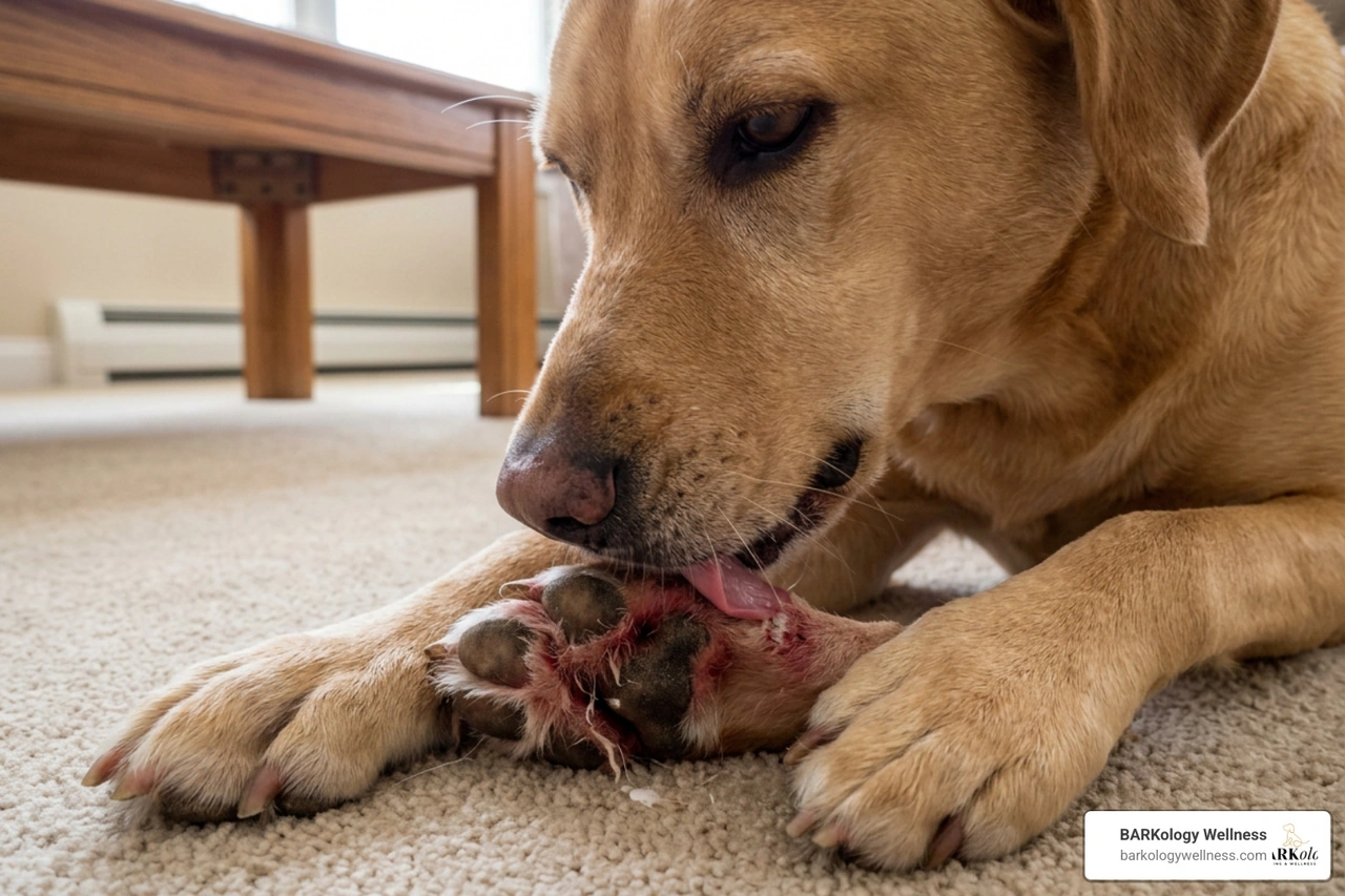 a dog intensively licking and chewing its paws due to allergic irritation a dog intensively licking and chewing its paws due to allergic irritation
