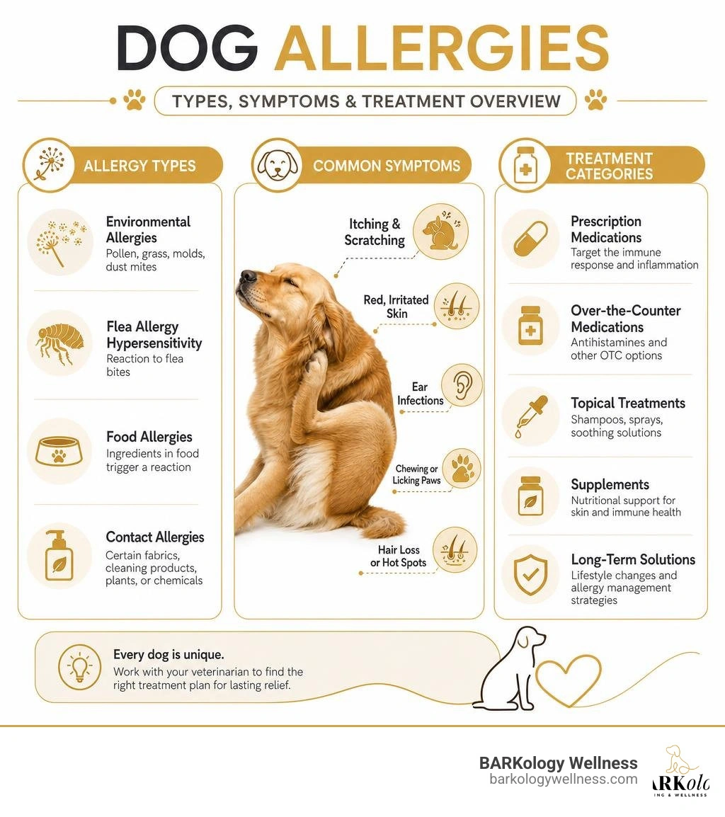 overview of dog allergy types, common symptoms, and treatment categories infographic overview of dog allergy types, common symptoms, and treatment categories infographic