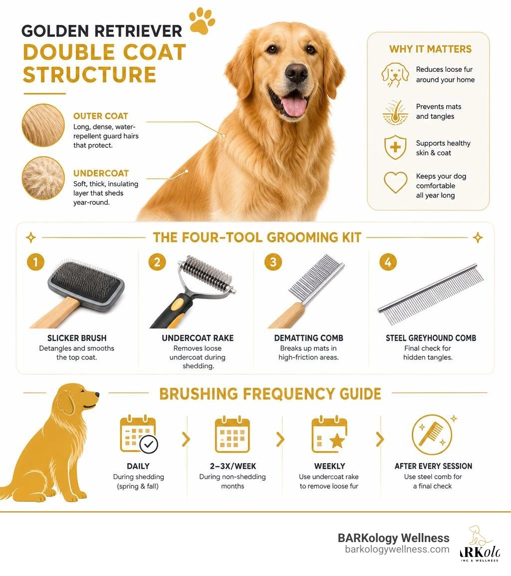 Golden Retriever double coat structure, four-tool grooming kit, brushing frequency guide infographic Golden Retriever double coat structure, four-tool grooming kit, brushing frequency guide infographic