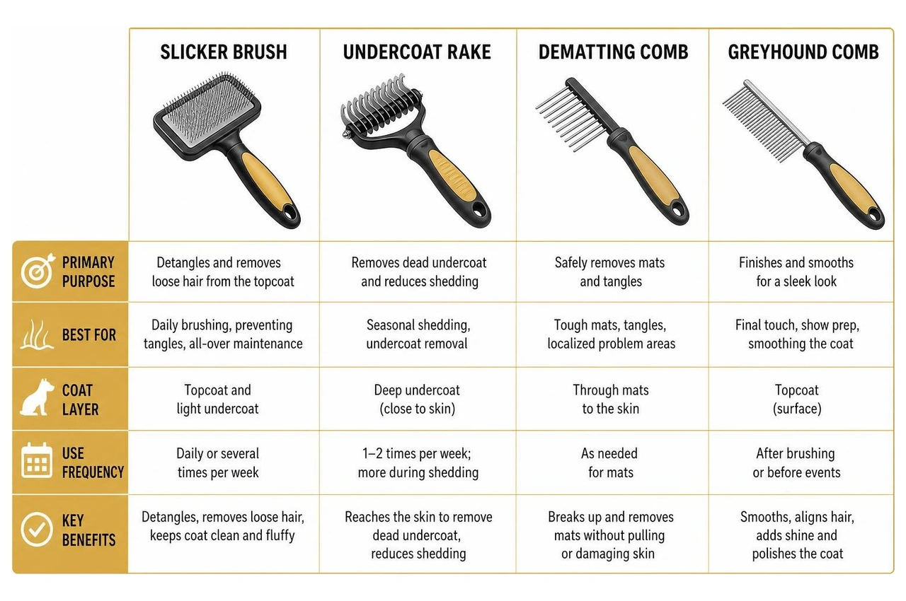Comparison of slicker brush, undercoat rake, dematting comb, and greyhound comb Comparison of slicker brush, undercoat rake, dematting comb, and greyhound comb