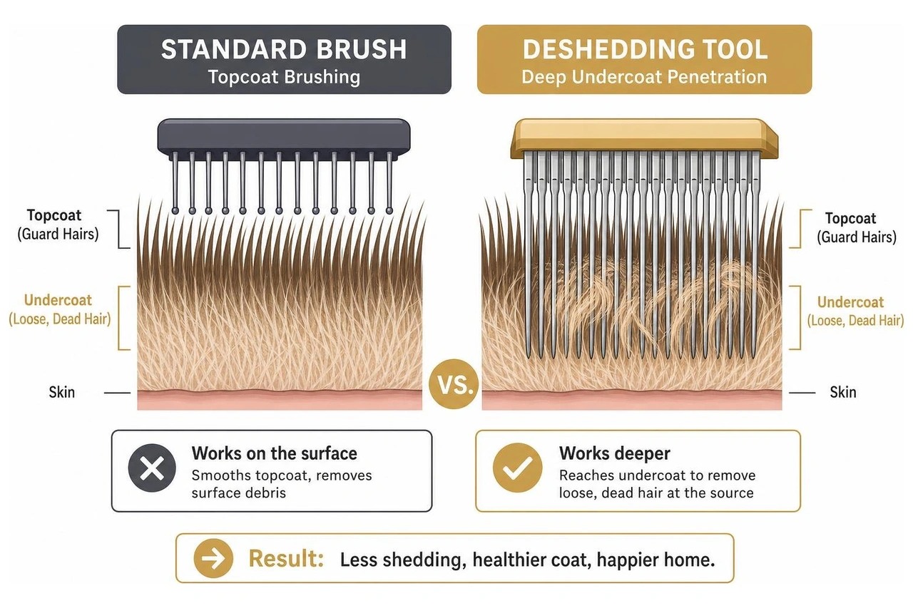 Diagram showing the difference between topcoat brushing and deep undercoat deshedding tool penetration Diagram showing the difference between topcoat brushing and deep undercoat deshedding tool penetration