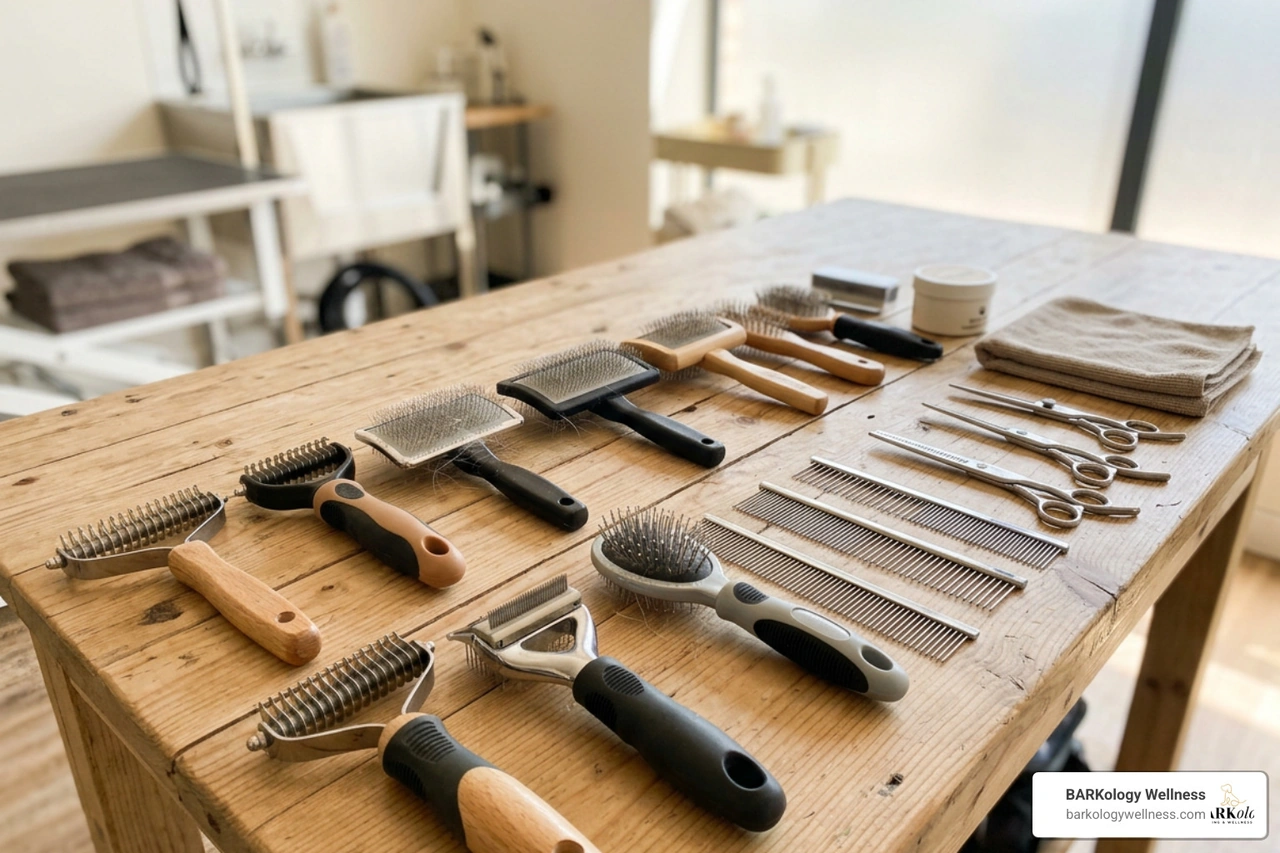 A variety of professional grooming tools laid out on a table including rakes, slicker brushes, and rotating pin combs A variety of professional grooming tools laid out on a table including rakes, slicker brushes, and rotating pin combs