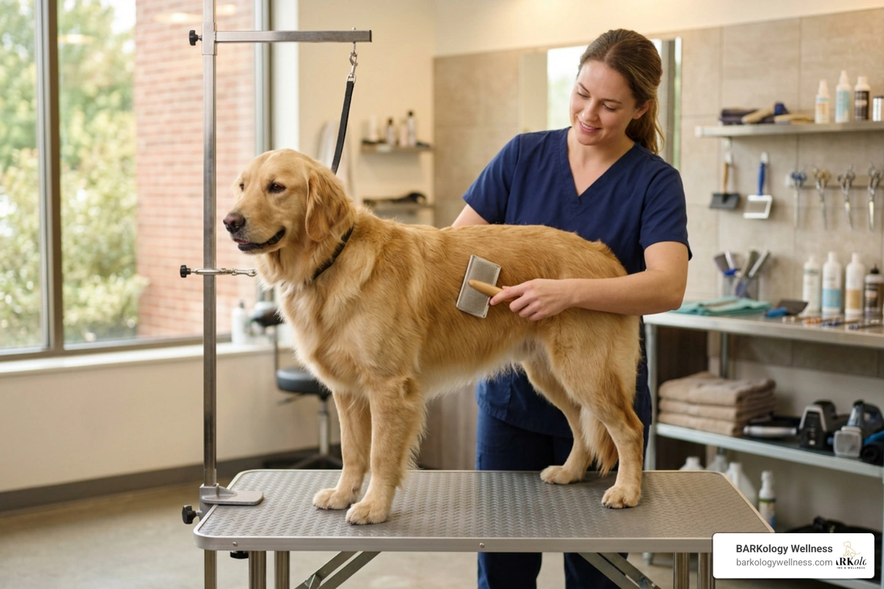 A calm dog being brushed gently on a clean, raised grooming table with soft lighting A calm dog being brushed gently on a clean, raised grooming table with soft lighting
