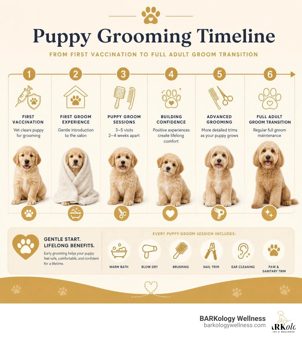 Puppy grooming timeline from first vaccination to full adult groom transition infographic Puppy grooming timeline from first vaccination to full adult groom transition infographic