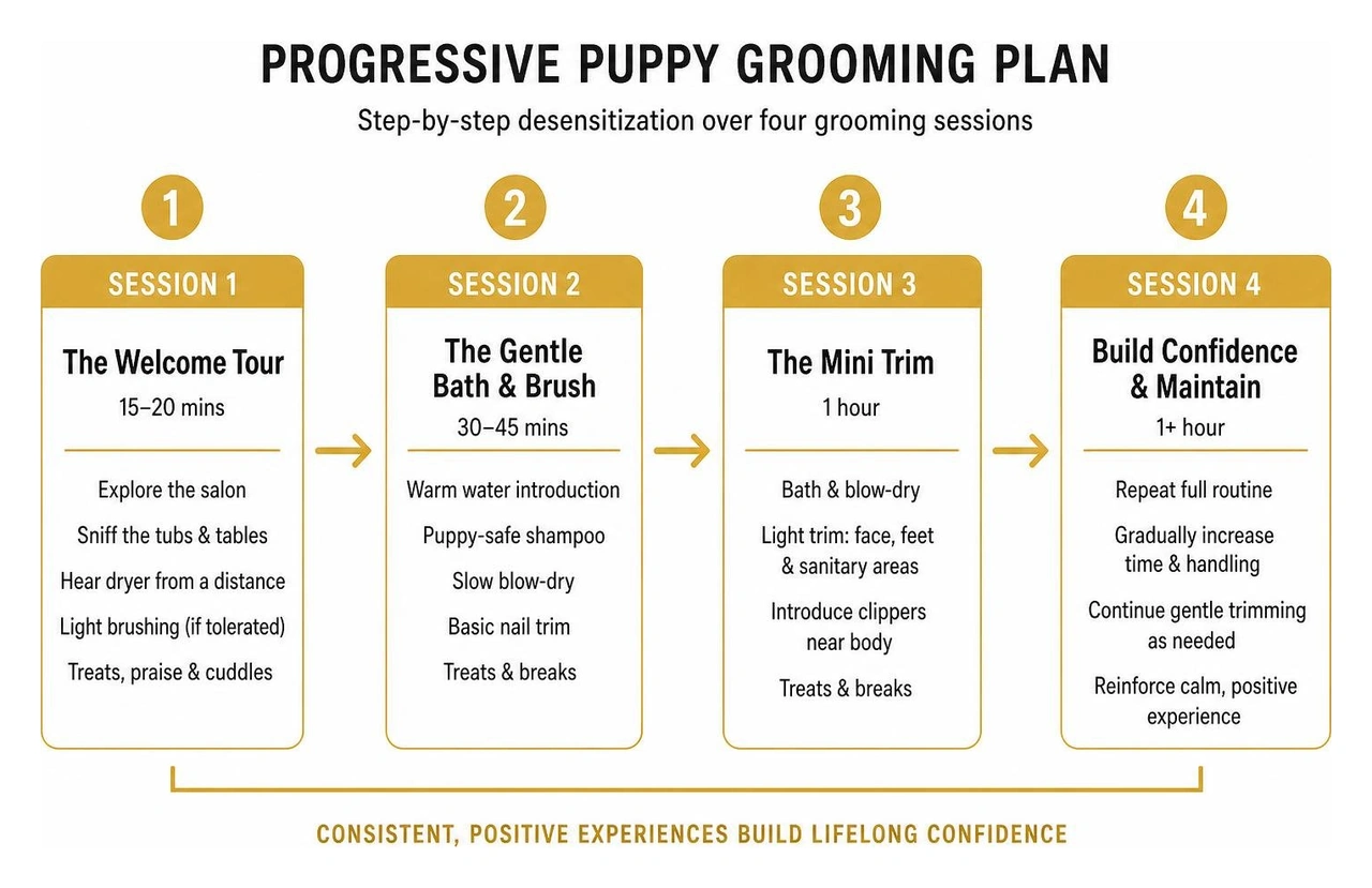 Step-by-step progressive desensitization timeline over four puppy grooming sessions Step-by-step progressive desensitization timeline over four puppy grooming sessions