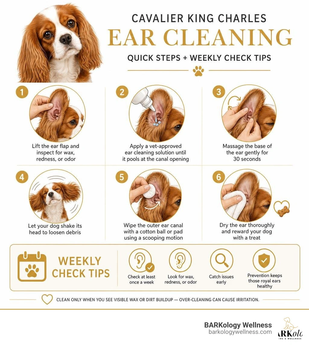 Infographic showing quick steps for Cavalier King Charles ear cleaning with weekly check tips infographic