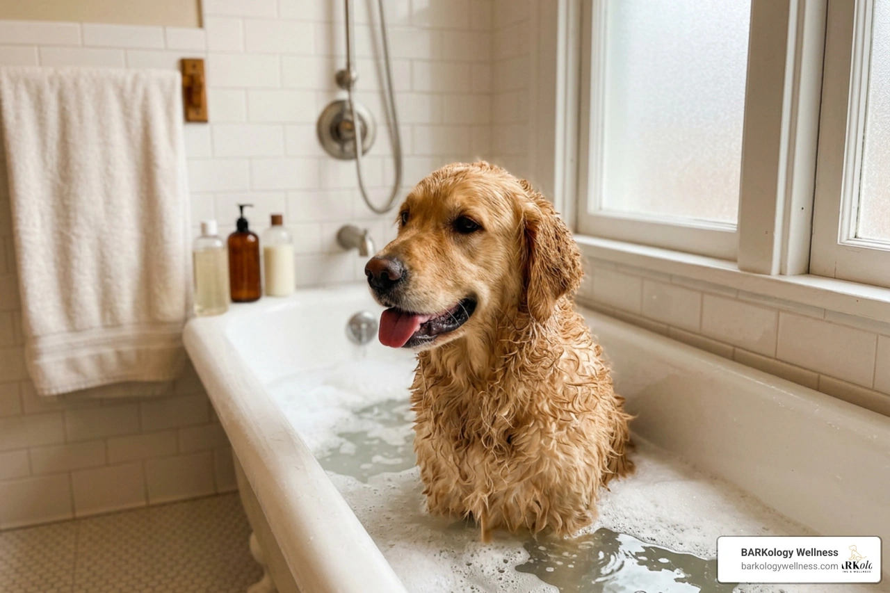 A happy golden retriever enjoying a warm, soothing bath at home A happy golden retriever enjoying a warm, soothing bath at home