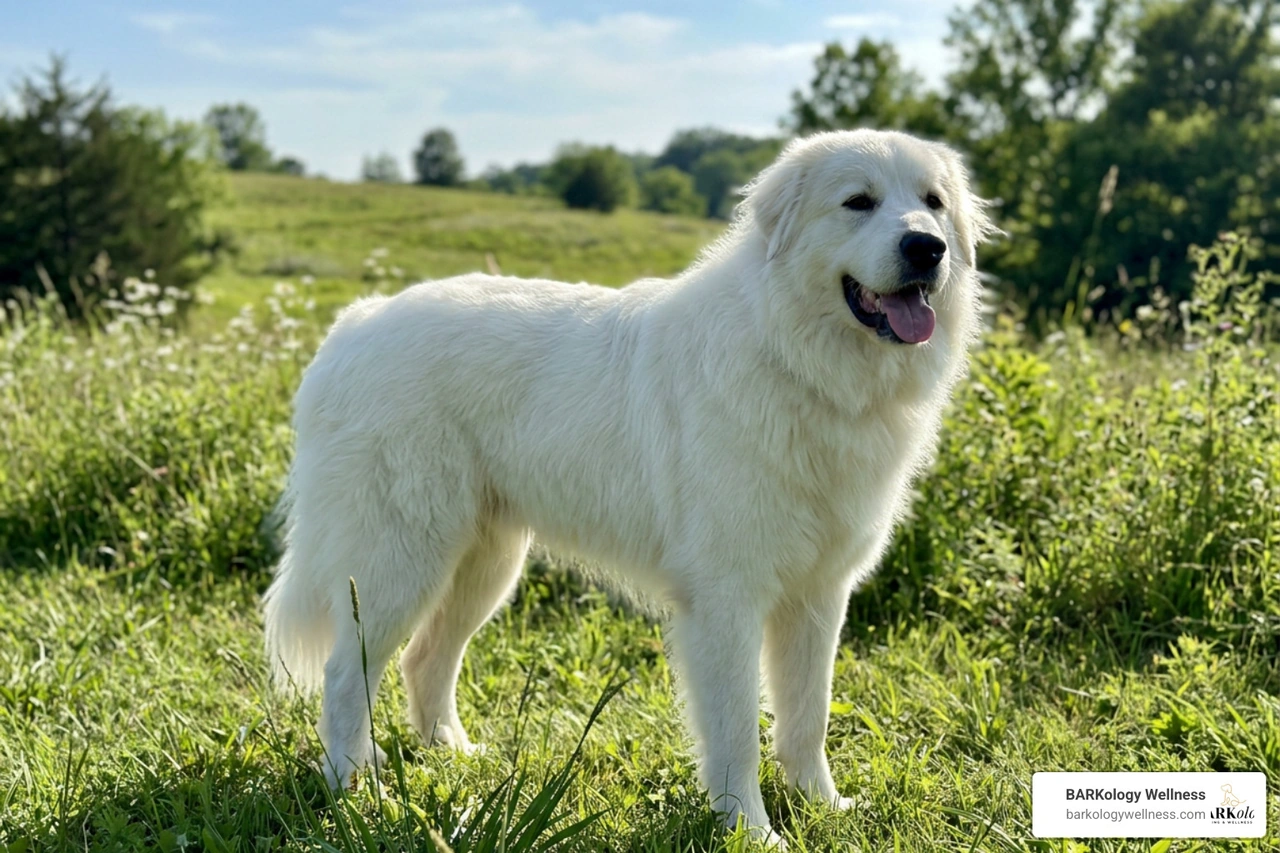 Image of a clean, majestic, happy Great Pyrenees after a professional grooming session
