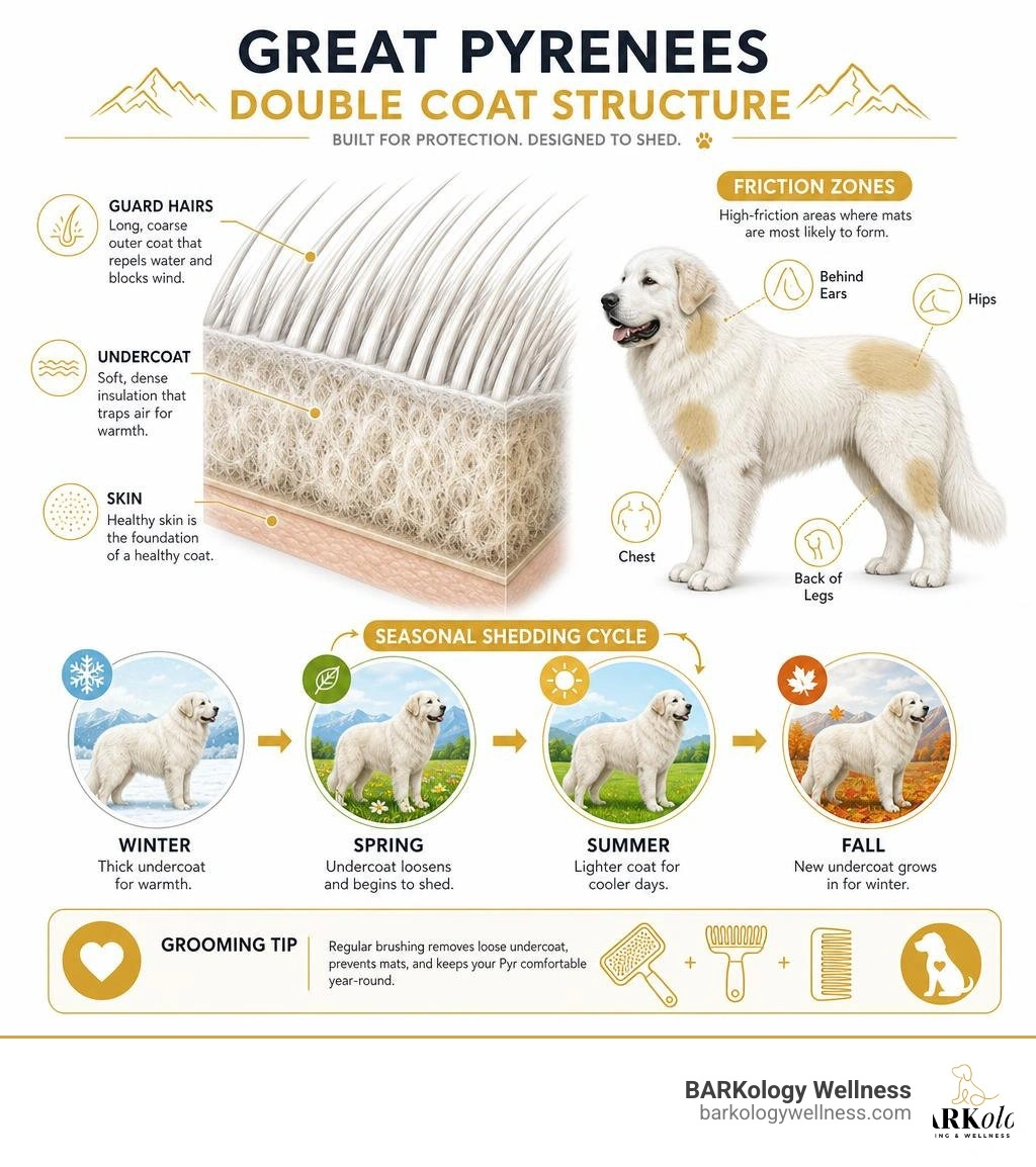 Great Pyrenees double coat structure showing guard hairs, undercoat, friction zones, and seasonal shedding cycle infographic