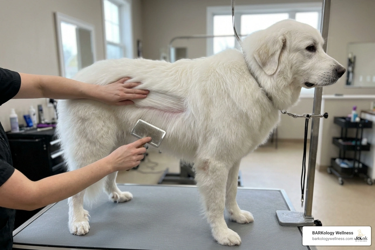 Image of a Great Pyrenees being groomed using line brushing technique
