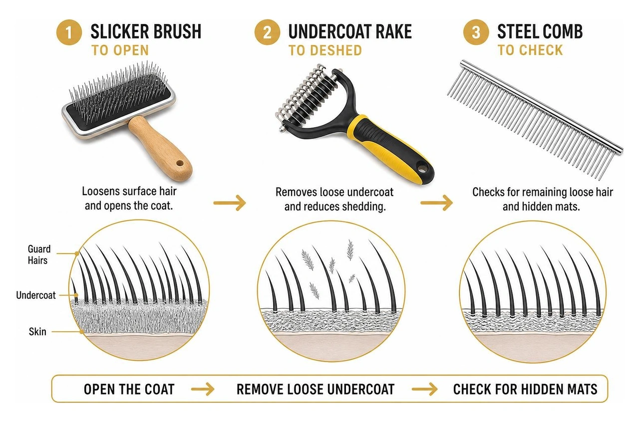 Diagram of double coat grooming process: slicker brush to open, rake to deshed, comb to check