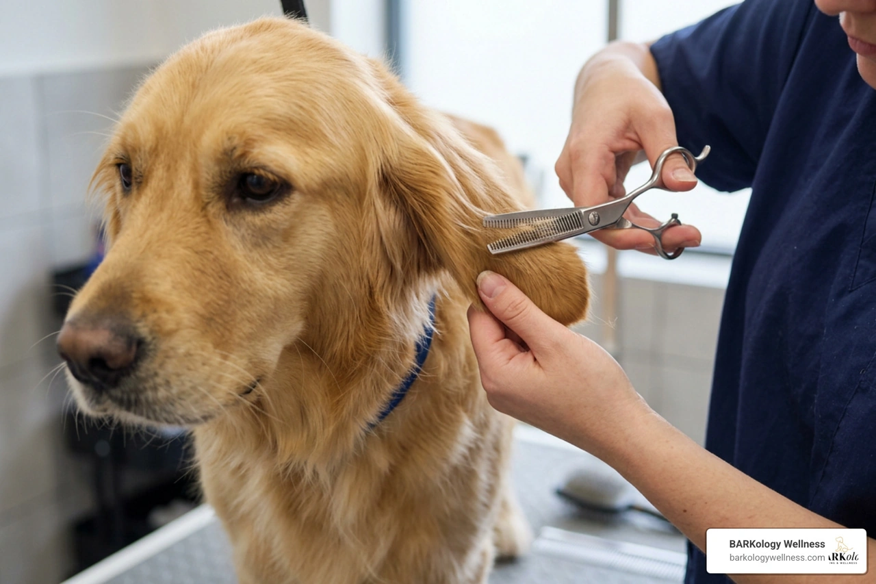 Trimming a Golden Retriever's ears with professional thinning shears Trimming a Golden Retriever's ears with professional thinning shears