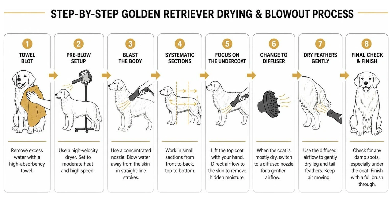 Step-by-step Golden Retriever drying and blowout process diagram Step-by-step Golden Retriever drying and blowout process diagram