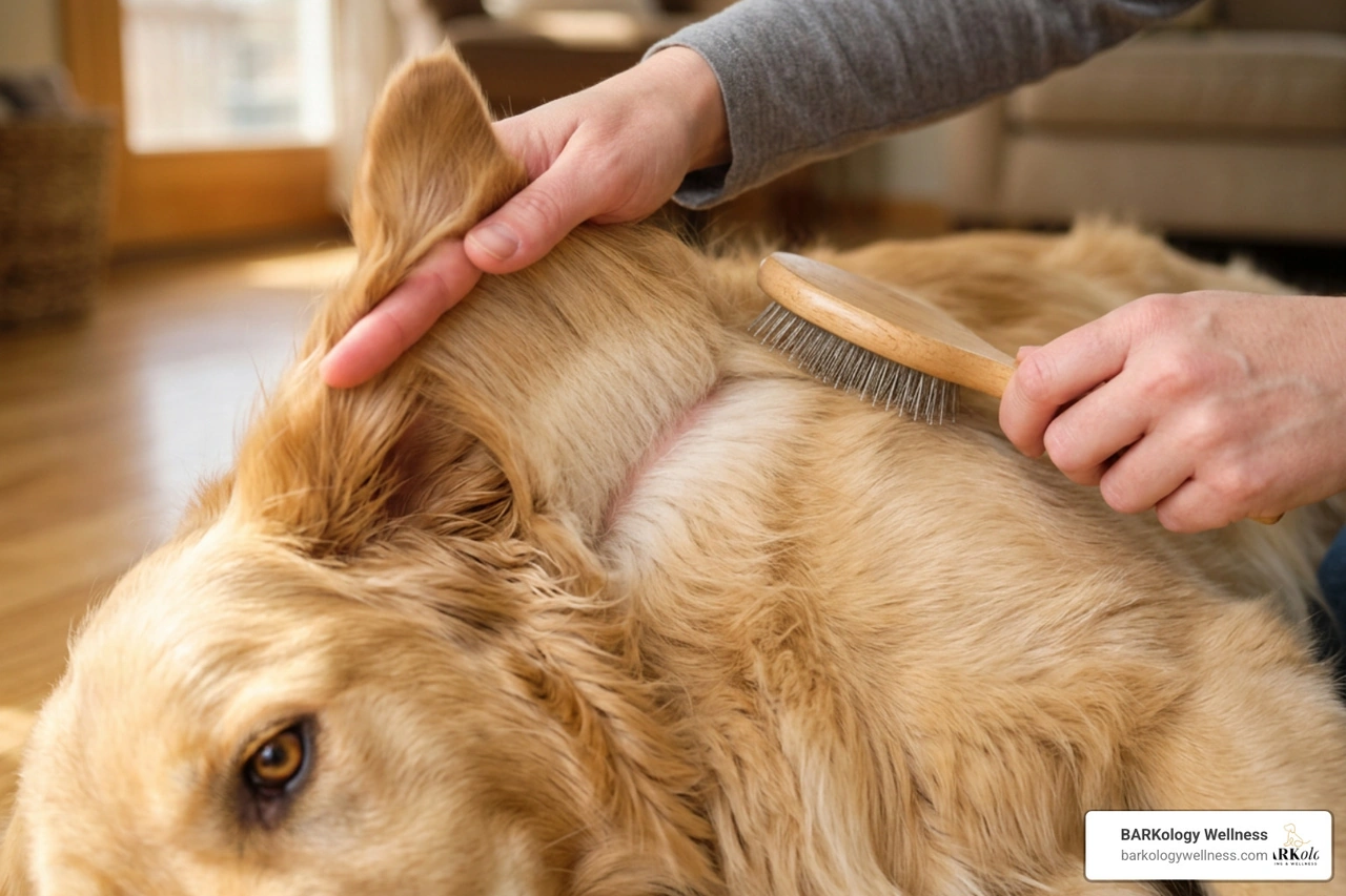 Line brushing technique on a Golden Retriever's thick double coat Line brushing technique on a Golden Retriever's thick double coat