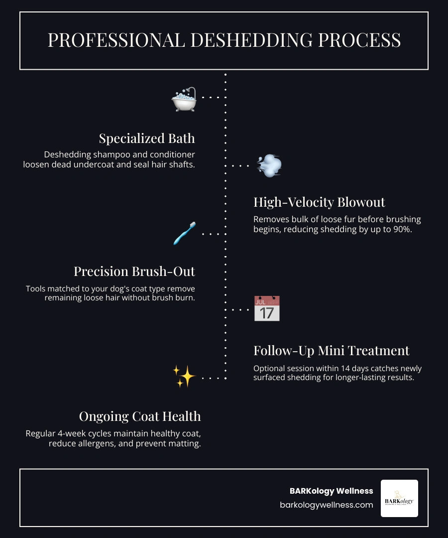 Infographic showing the professional deshedding process: bath, blowout, brush-out, and follow-up mini treatment infographic