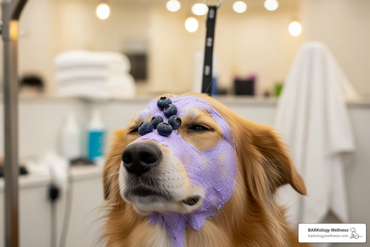 A dog enjoying a luxurious blueberry facial with a relaxed expression A dog enjoying a luxurious blueberry facial with a relaxed expression
