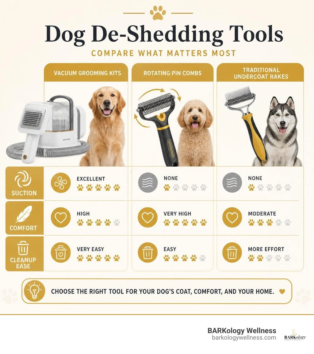 Infographic comparing vacuum grooming kits, rotating pin combs, and traditional undercoat rakes on suction, comfort, and