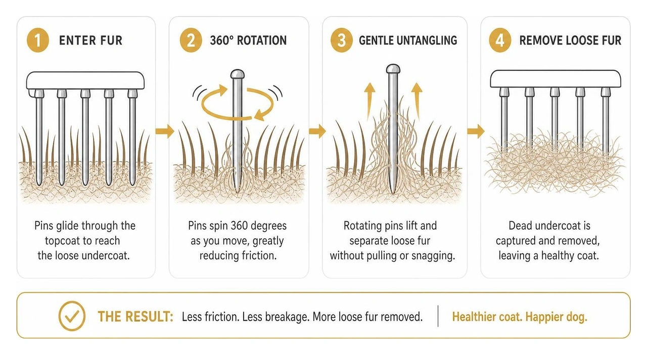 Diagram showing how rotating pins spin 360 degrees to reduce friction and gently untangle fur