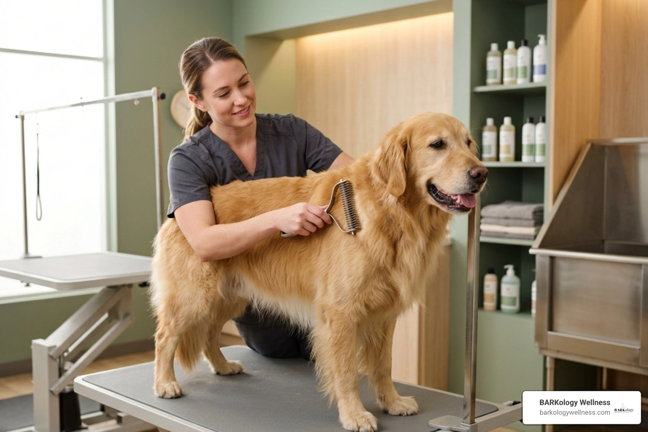 Groomer gently using an undercoat rake on a Golden Retriever during a relaxed grooming session