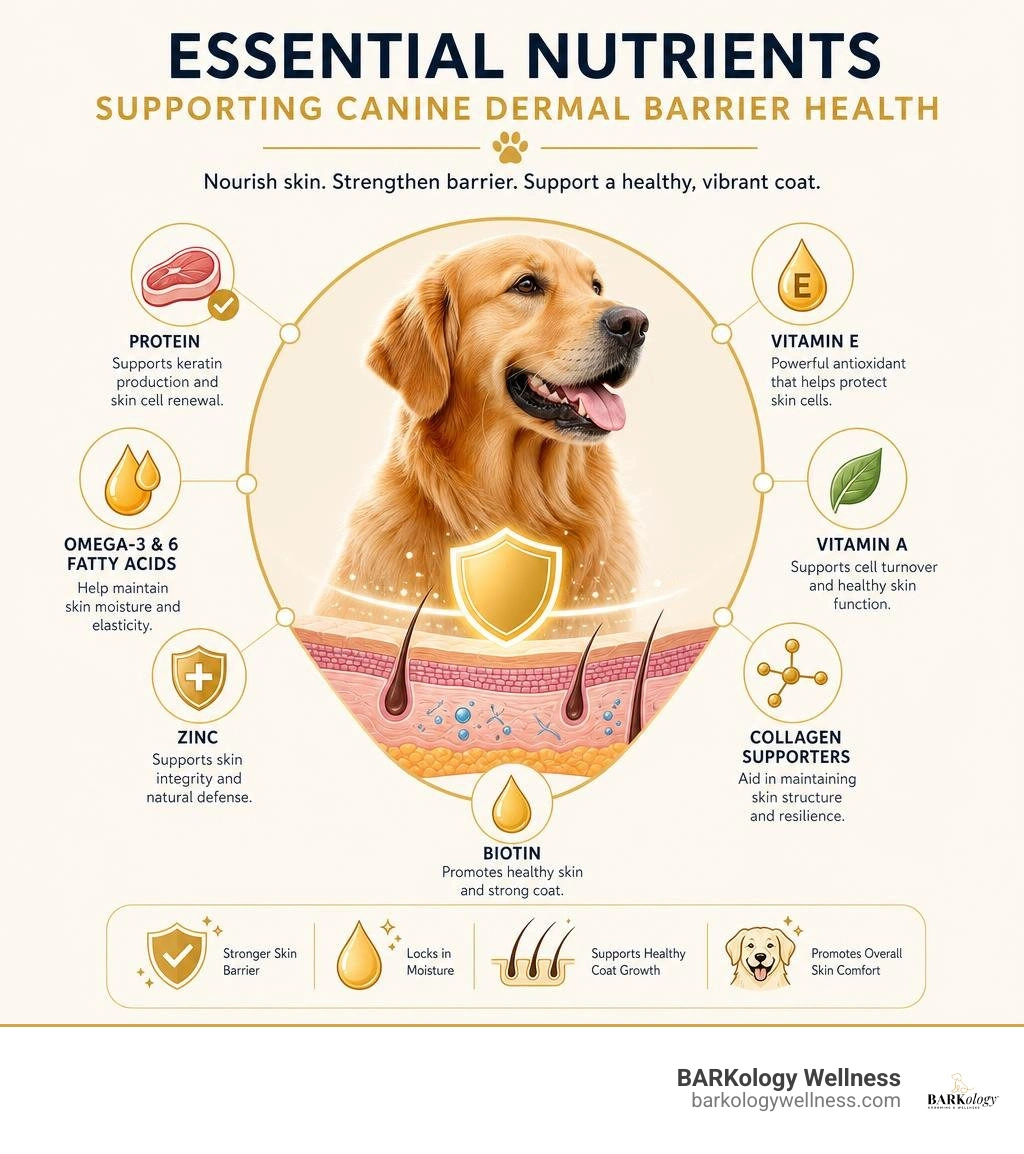 Essential nutrients supporting canine dermal barrier health infographic Essential nutrients supporting canine dermal barrier health infographic