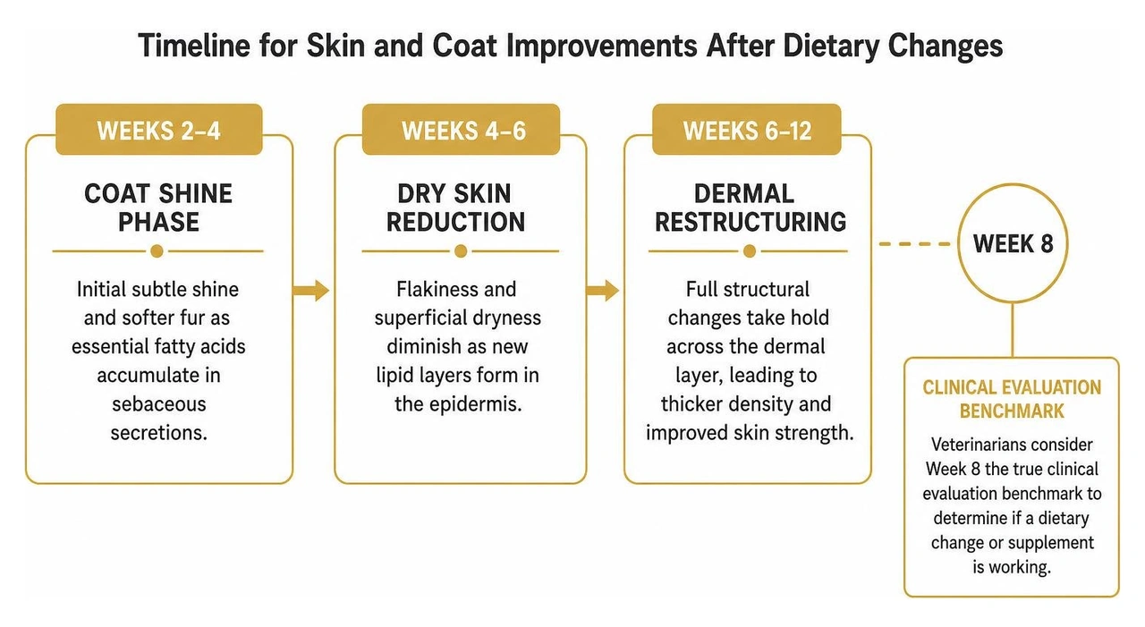 Timeline for skin and coat improvements after dietary changes Timeline for skin and coat improvements after dietary changes