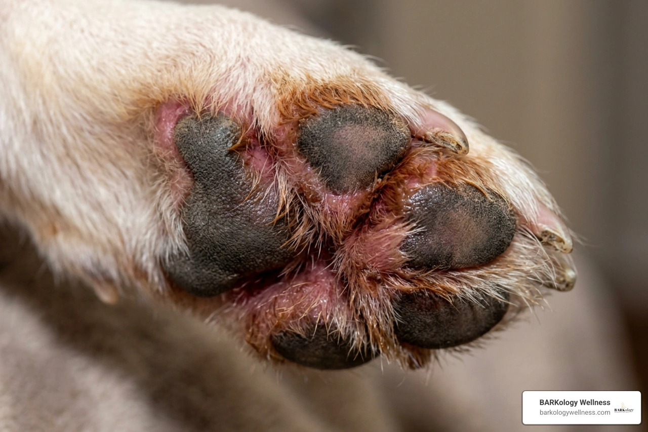 signs of secondary paw yeast infection showing red skin rust stained fur and corn chip odor signs of secondary paw yeast infection showing red skin rust stained fur and corn chip odor