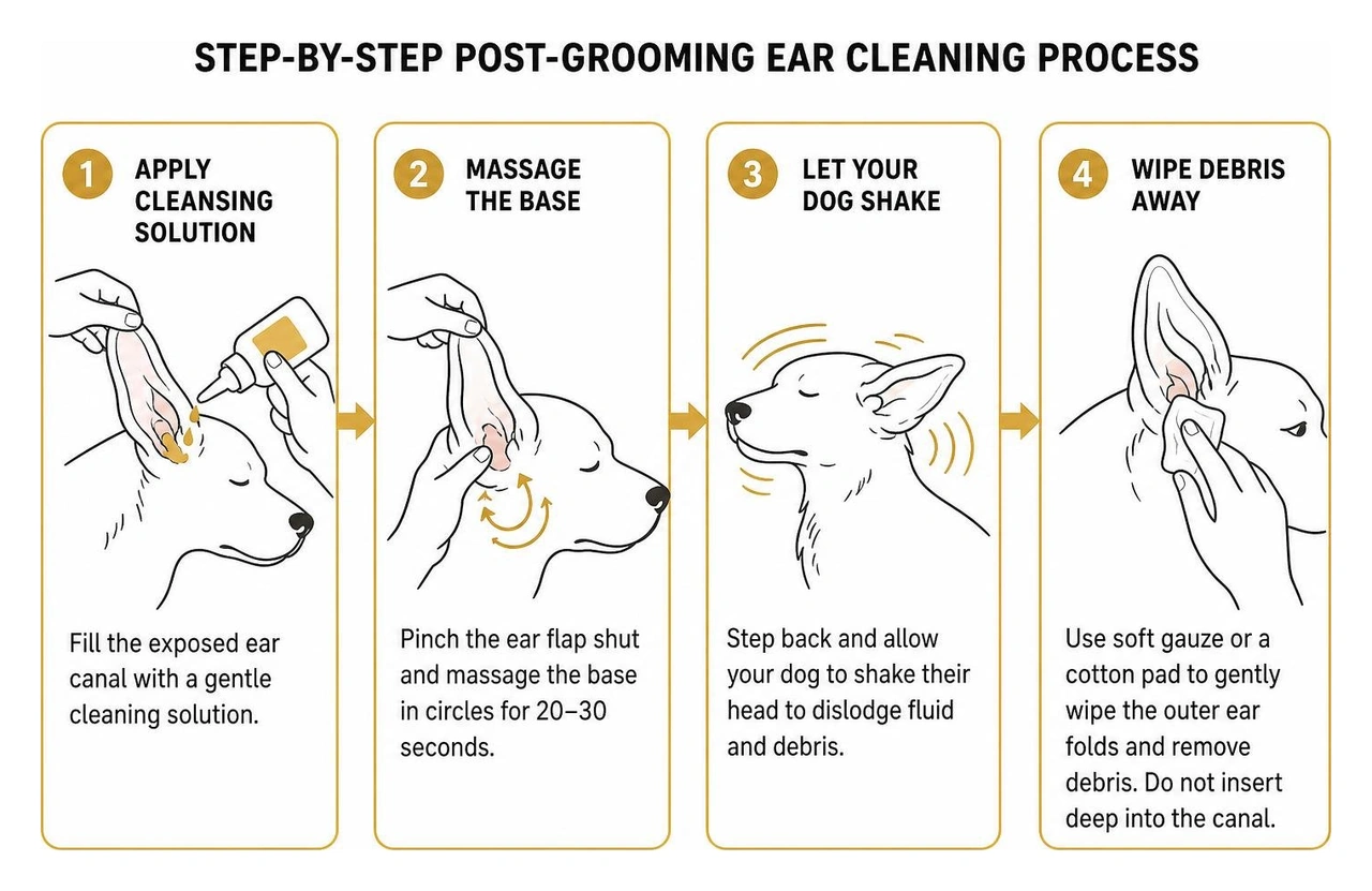 Diagram of the step-by-step post-grooming ear cleaning process Diagram of the step-by-step post-grooming ear cleaning process