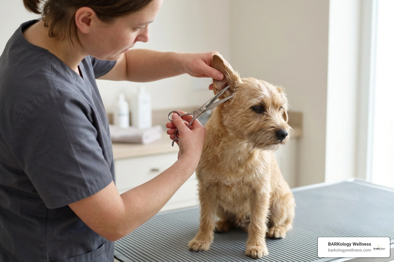 Demonstration of safely positioning a dog and trimming ear canal hair with round-tip scissors Demonstration of safely positioning a dog and trimming ear canal hair with round-tip scissors