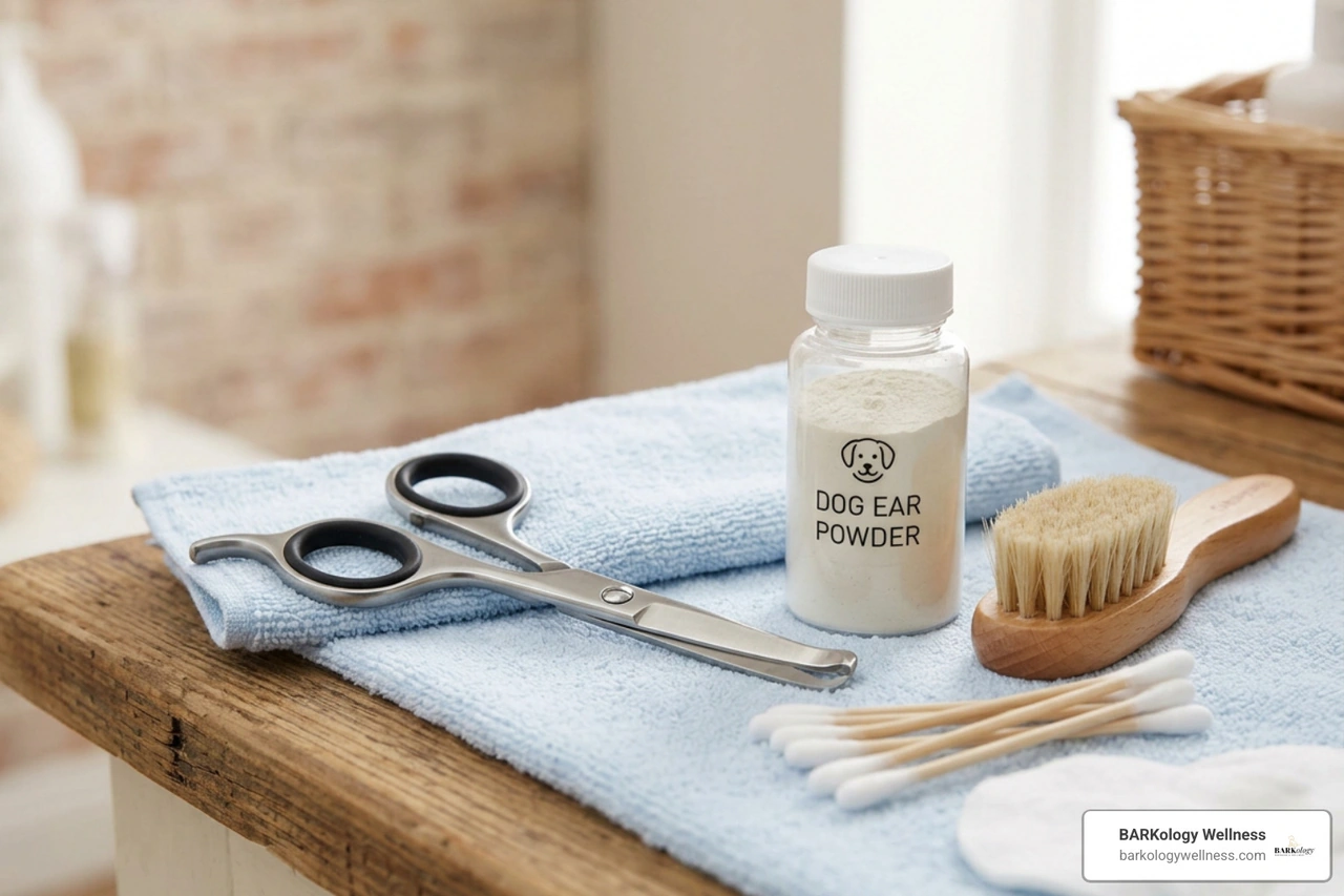 Selection of safe dog ear grooming tools including safety scissors and ear powder Selection of safe dog ear grooming tools including safety scissors and ear powder