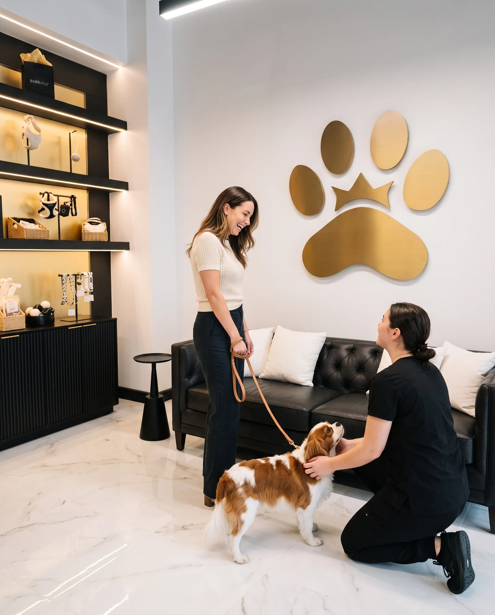 A Cavalier spaniel and its owner are welcomed by a groomer in the BARKology reception lounge.