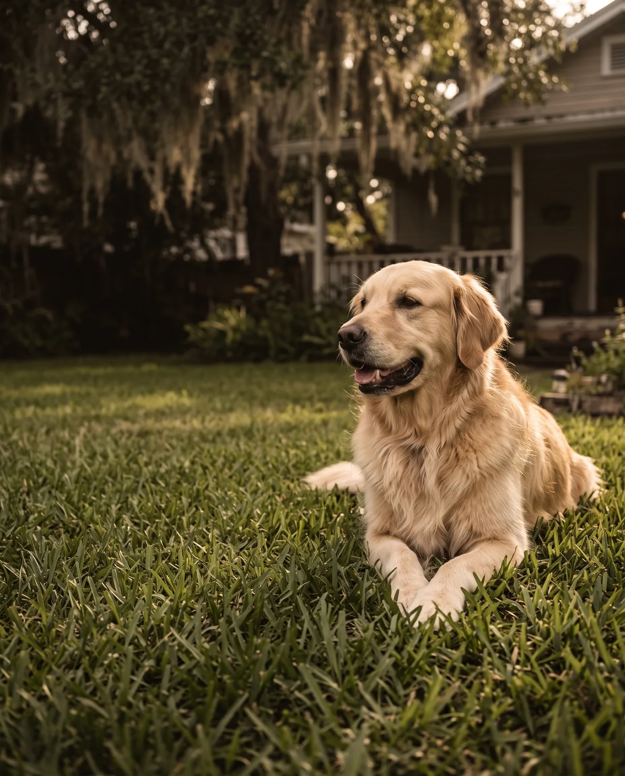 Golden retriever resting in a grassy garden in warm afternoon light