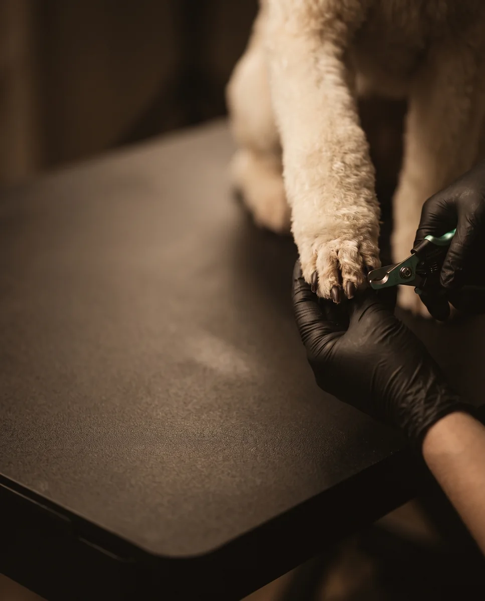 Illustrative close-up of a cream poodle having its nails trimmed