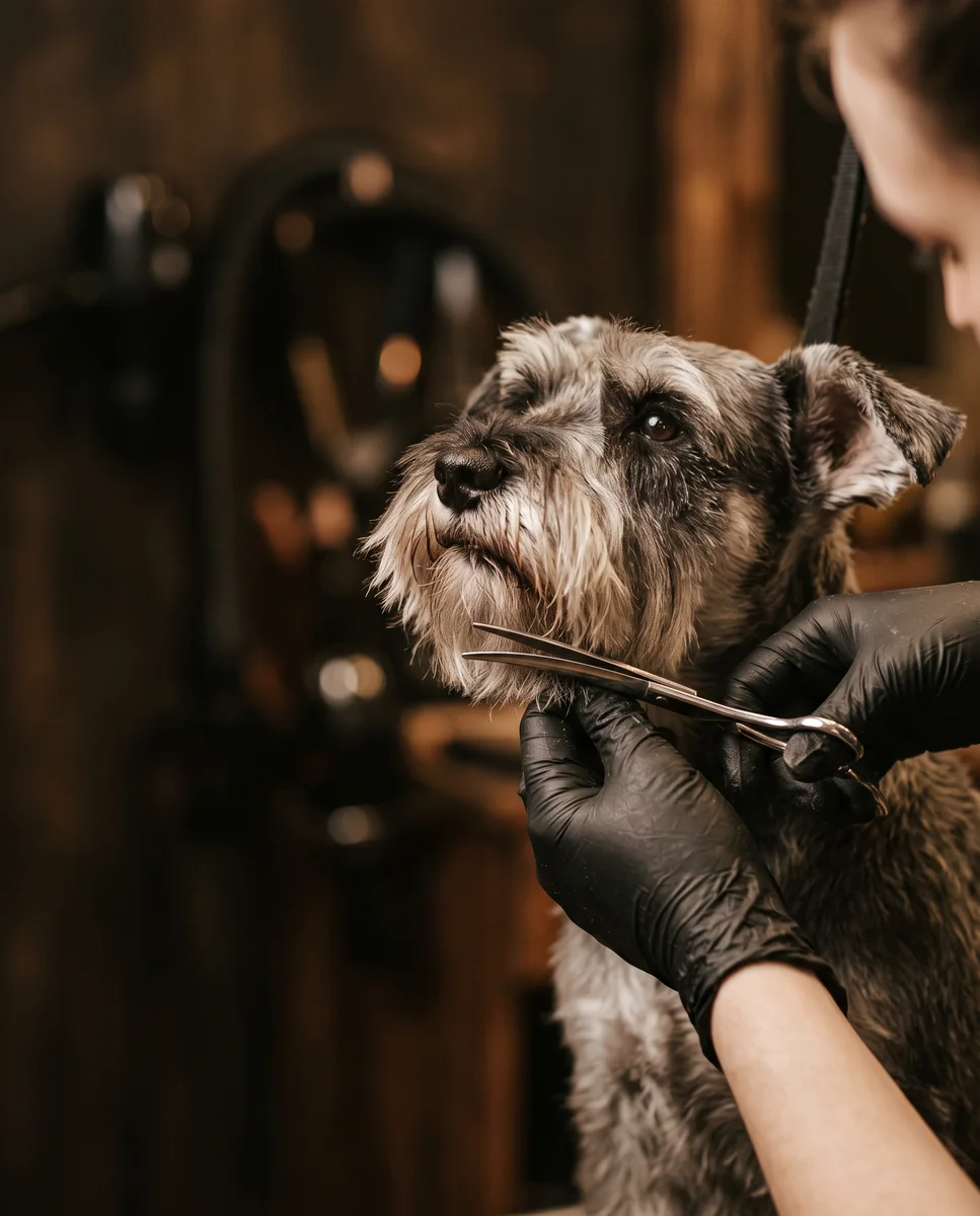 Illustrative Schnauzer having its beard trimmed with grooming scissors