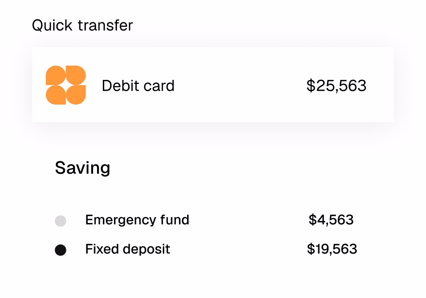 Quick transfer showing debit card balance $25,563 and savings options emergency fund $4,563 and fixed deposit $19,563.