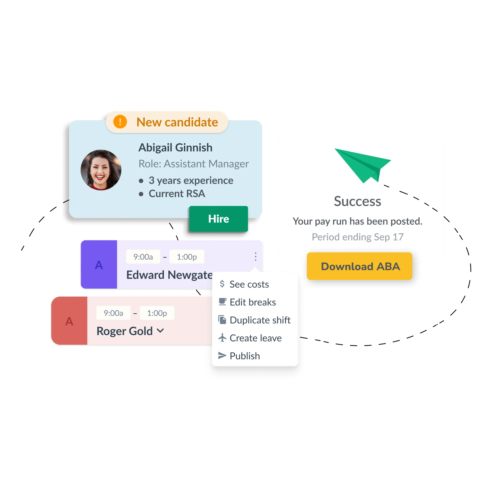 User interface showing new candidate Abigail Ginnish, shifts for Edward Newgate and Roger Gold, and pay run success message.