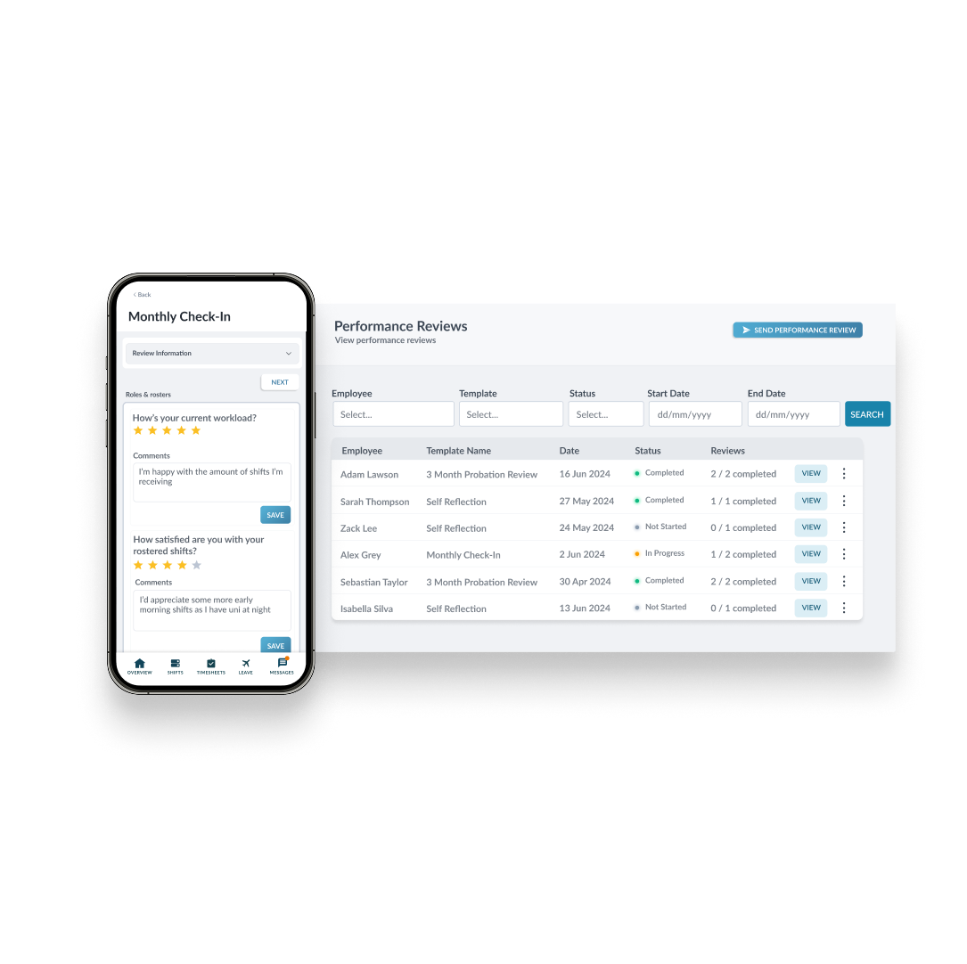 Mobile monthly check-in screen and desktop performance reviews dashboard with employee status and ratings.