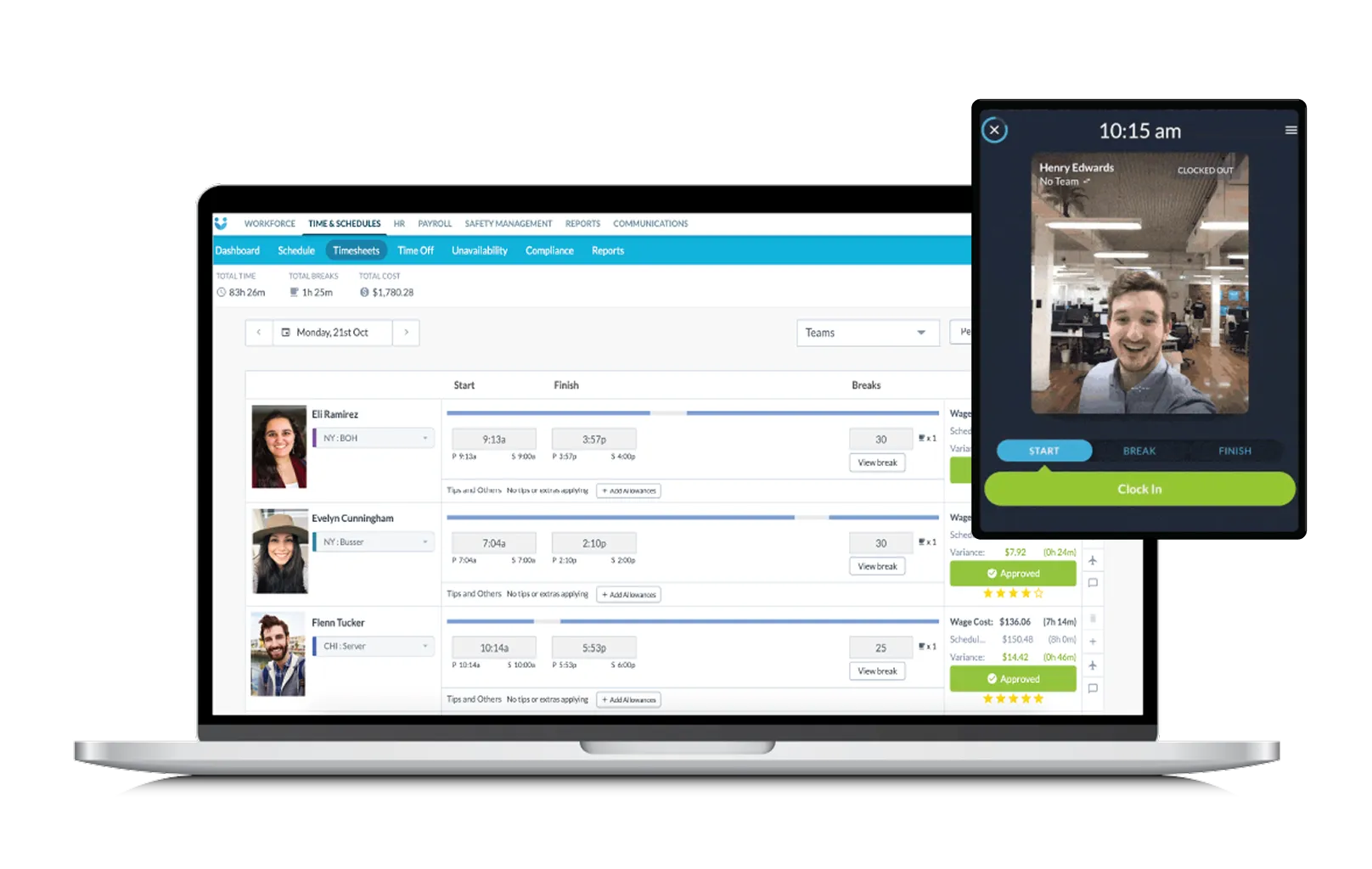 Laptop displaying a time and attendance system with employee schedules and a mobile clock-in feature.